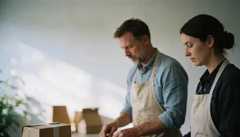 Two individuals wearing aprons working in a workshop with cardboard boxes, natural light, and white walls, depicting artisanal production.
