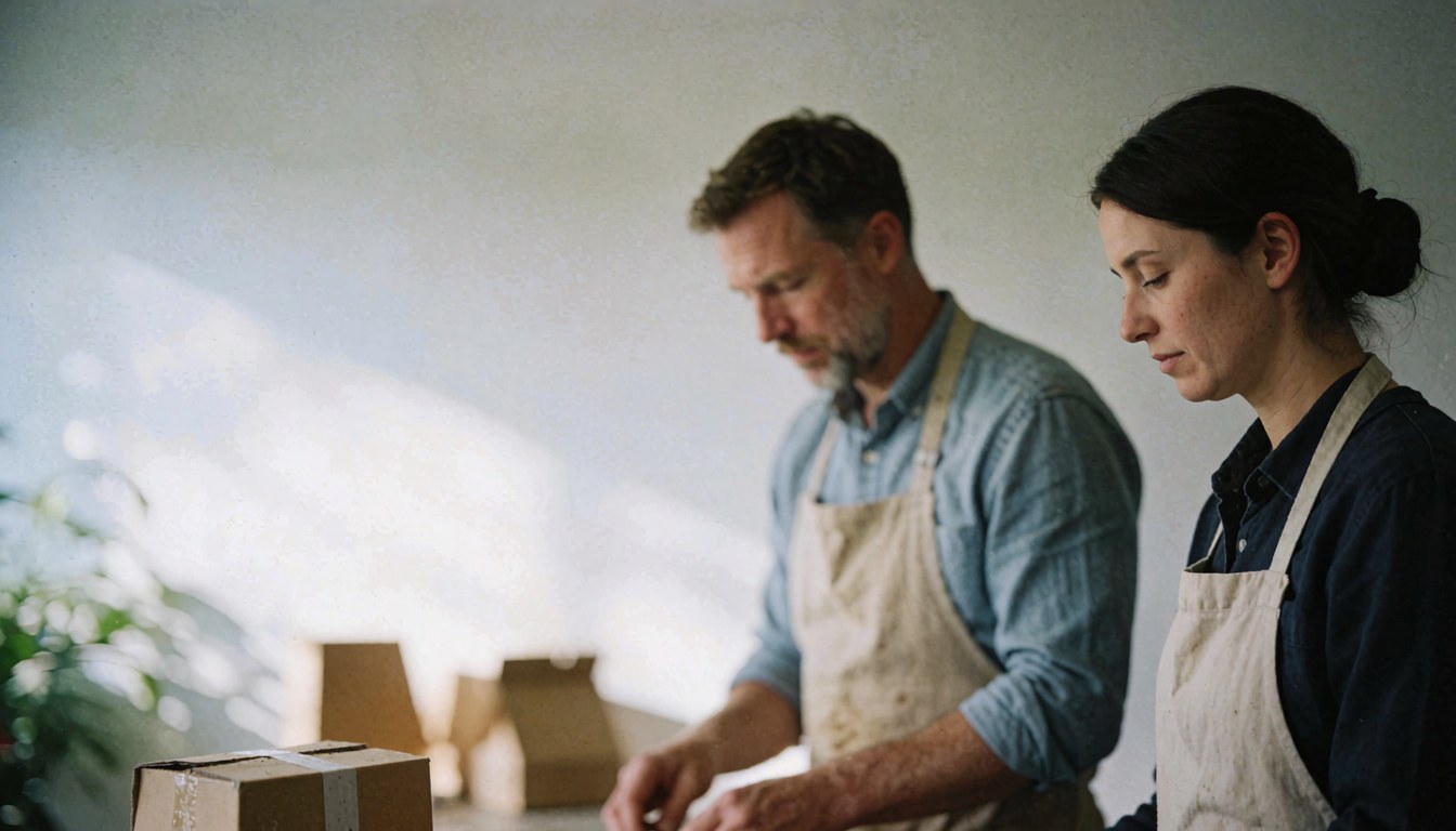 Two individuals wearing aprons working in a workshop with cardboard boxes, natural light, and white walls, depicting artisanal production.