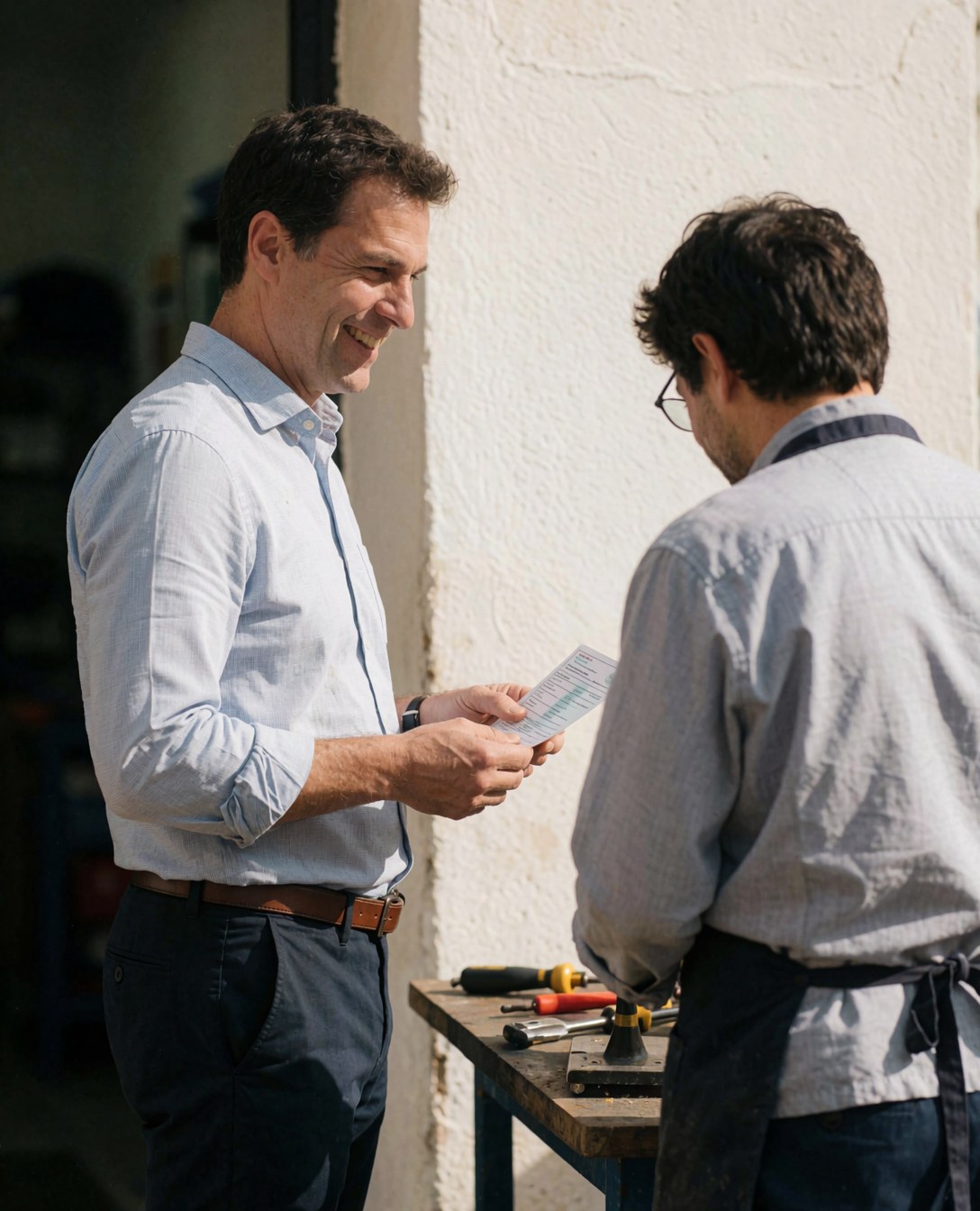 A satisfied customer reviews a document with a professional in a workshop, with tools on a table and a brick wall in the background.
