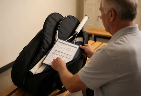 Tennis instructor placing rackets and strategy notes into a bag on a wooden bench in a locker room.