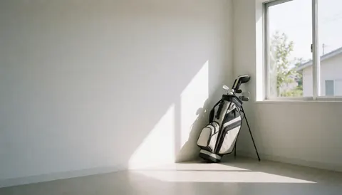 Golf bag with clubs in an office corner with sunlight, white wall, and window, ideal for golf instructor.