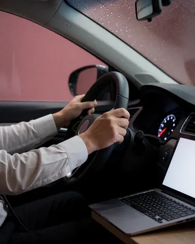 Close-up of taxi driver's hands on the steering wheel with rain on the windshield, dashboard, and laptop on the seat against a pink wall.