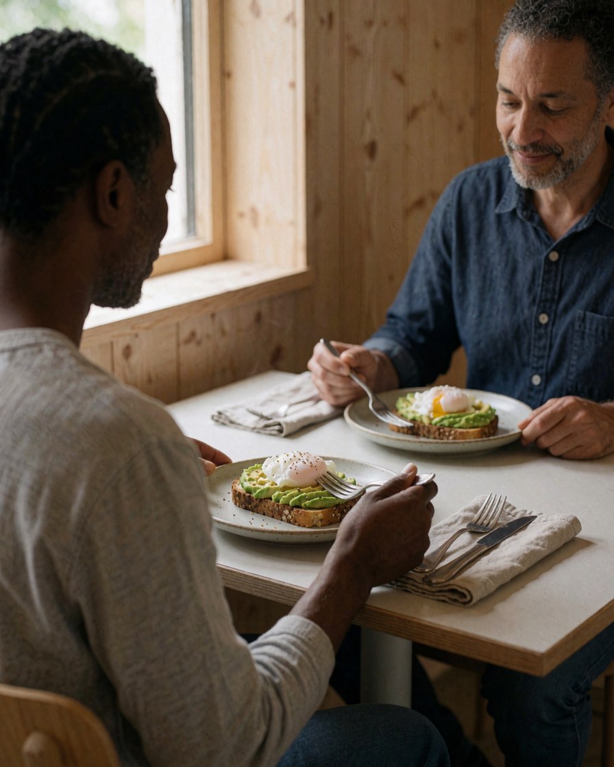 Two people enjoy a healthy breakfast of poached eggs and avocado at a wooden table in a cozy bed and breakfast interior with soft natural light