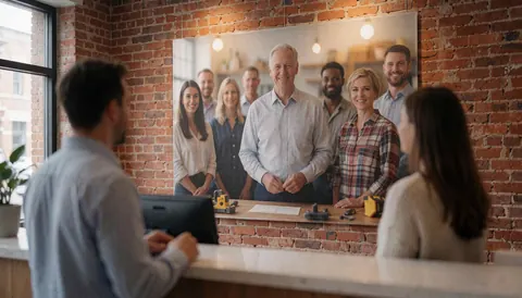 Team poster displayed in a lobby featuring an exposed brick wall, warm lighting, and reception desks.