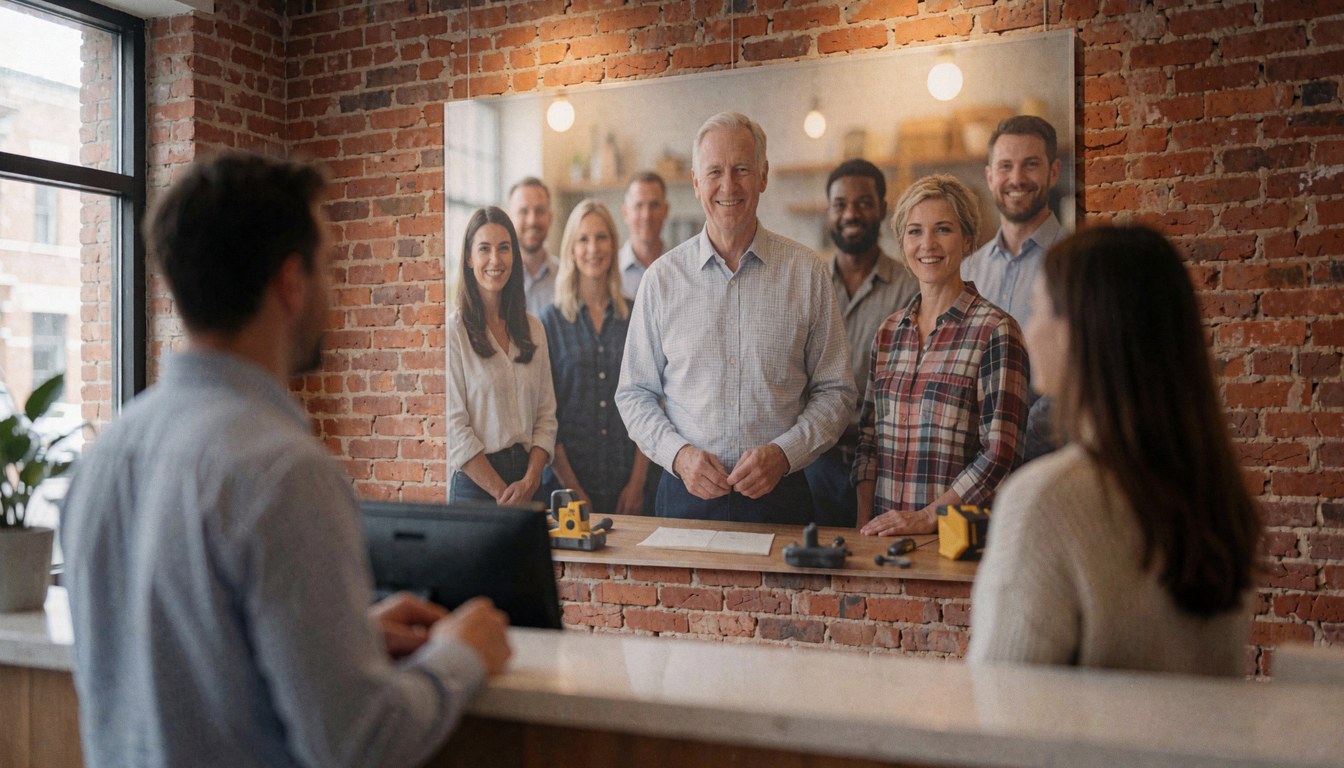 Team poster displayed in a lobby featuring an exposed brick wall, warm lighting, and reception desks.