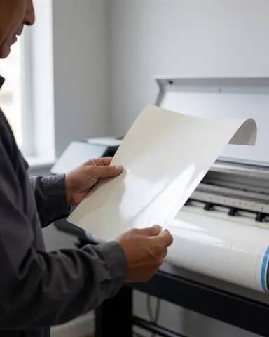A customer examines freshly printed vinyl on a plotter in a professional graphic printing workshop with natural light.