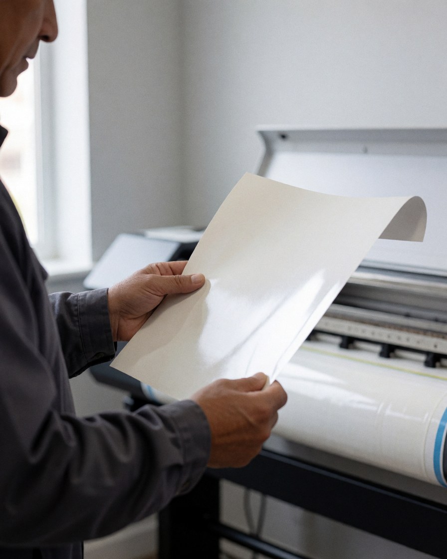 A customer examines freshly printed vinyl on a plotter in a professional graphic printing workshop with natural light.