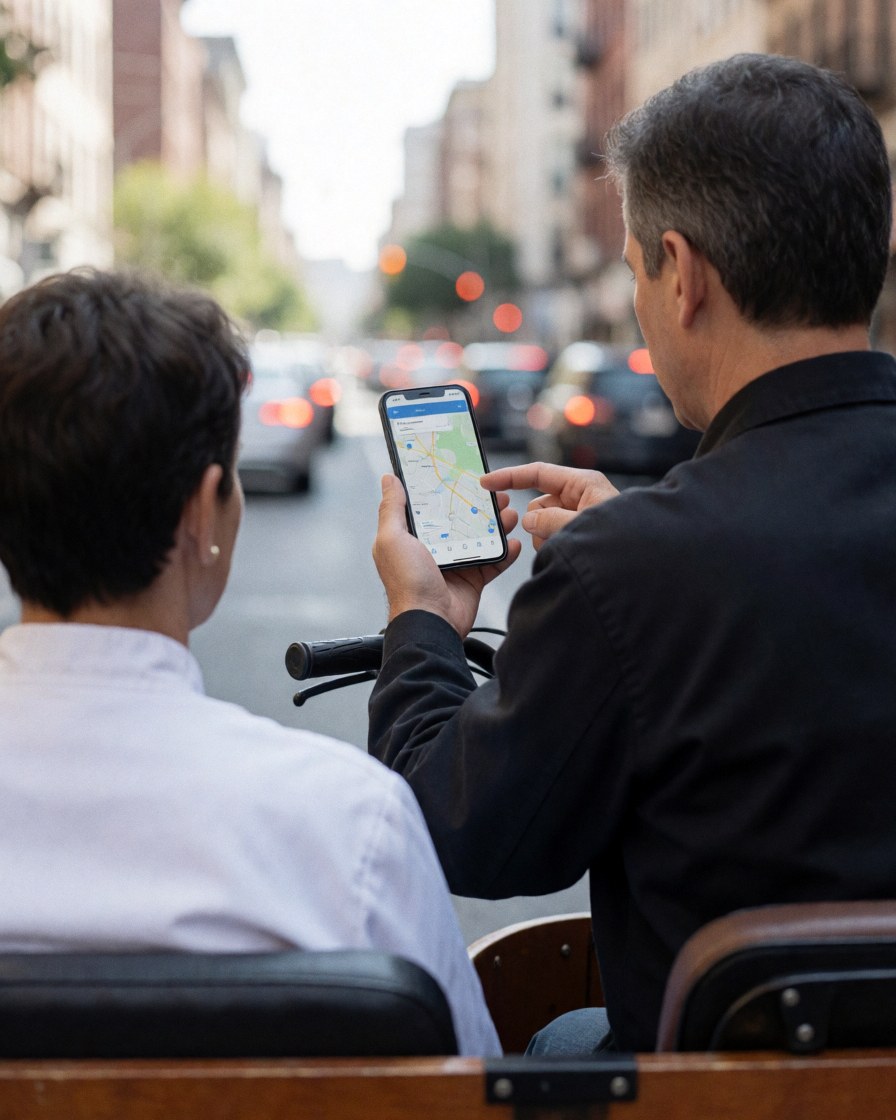 Bicycle taxi driver using a smartphone map while transporting a happy customer through an urban city street