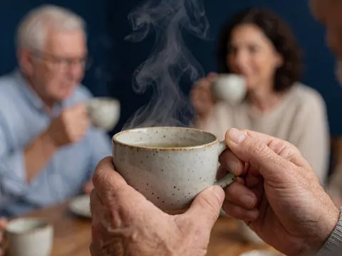 Close-up of hands holding a steaming ceramic tea cup with visible vapor rising against a warm blue wall background.