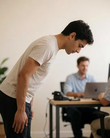 A man standing and greeting in a modern office with a colleague working on a laptop in the background.