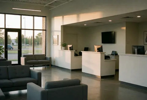 Modern reception area featuring desks, gray sofas, and large windows letting in warm sunset light.