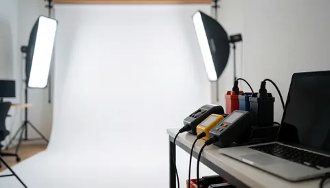 Laptop and camera batteries placed on a clean white surface with studio lighting, ideal for commercial text overlays.
