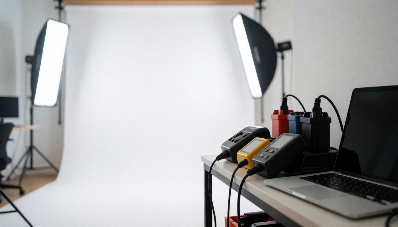 Laptop and camera batteries placed on a clean white surface with studio lighting, ideal for commercial text overlays.