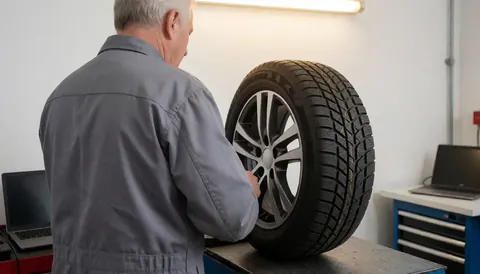 Technician checking winter tire with siping and symbol in a tire shop, showing maintenance service