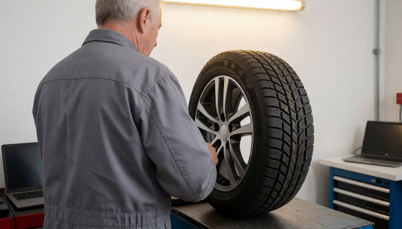 Technician checking winter tire with siping and symbol in a tire shop, showing maintenance service