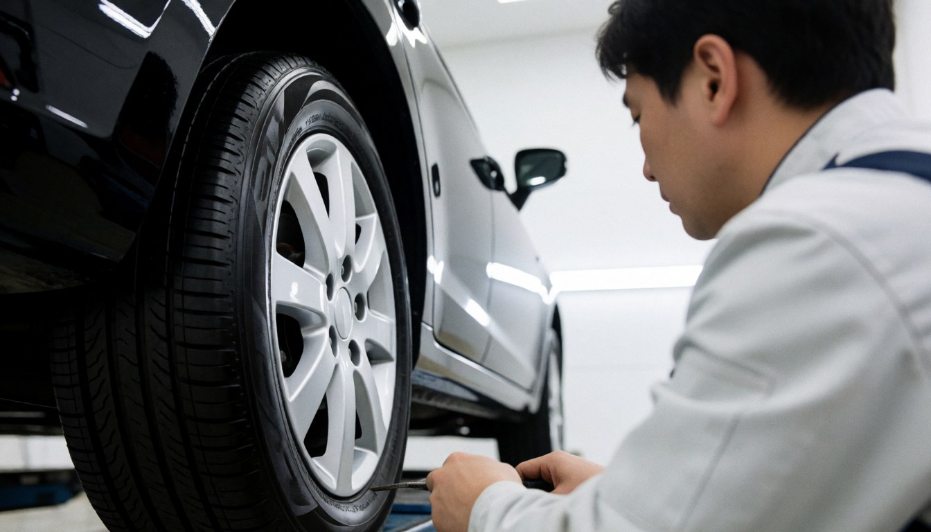 A mechanic adjusts a tire on a black vehicle with silver rims in a well-lit workshop.