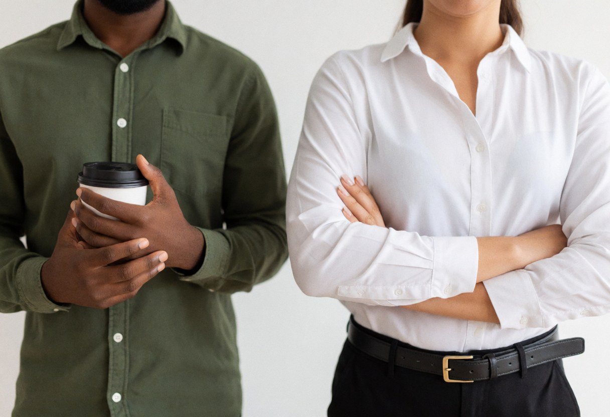 Two individuals displaying tension, one with arms crossed and the other holding a coffee cup against a white background.