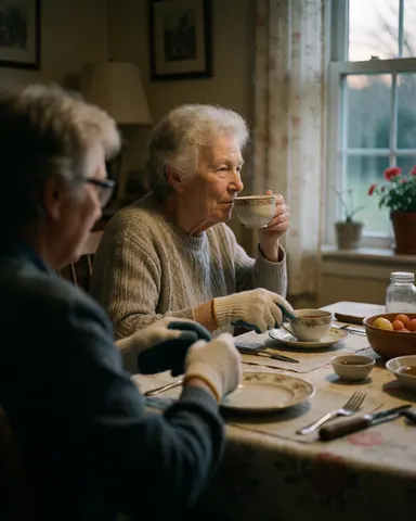Two women sitting at a table with floral tablecloth near a window, sharing a relaxed moment over tea in a cozy home setting.