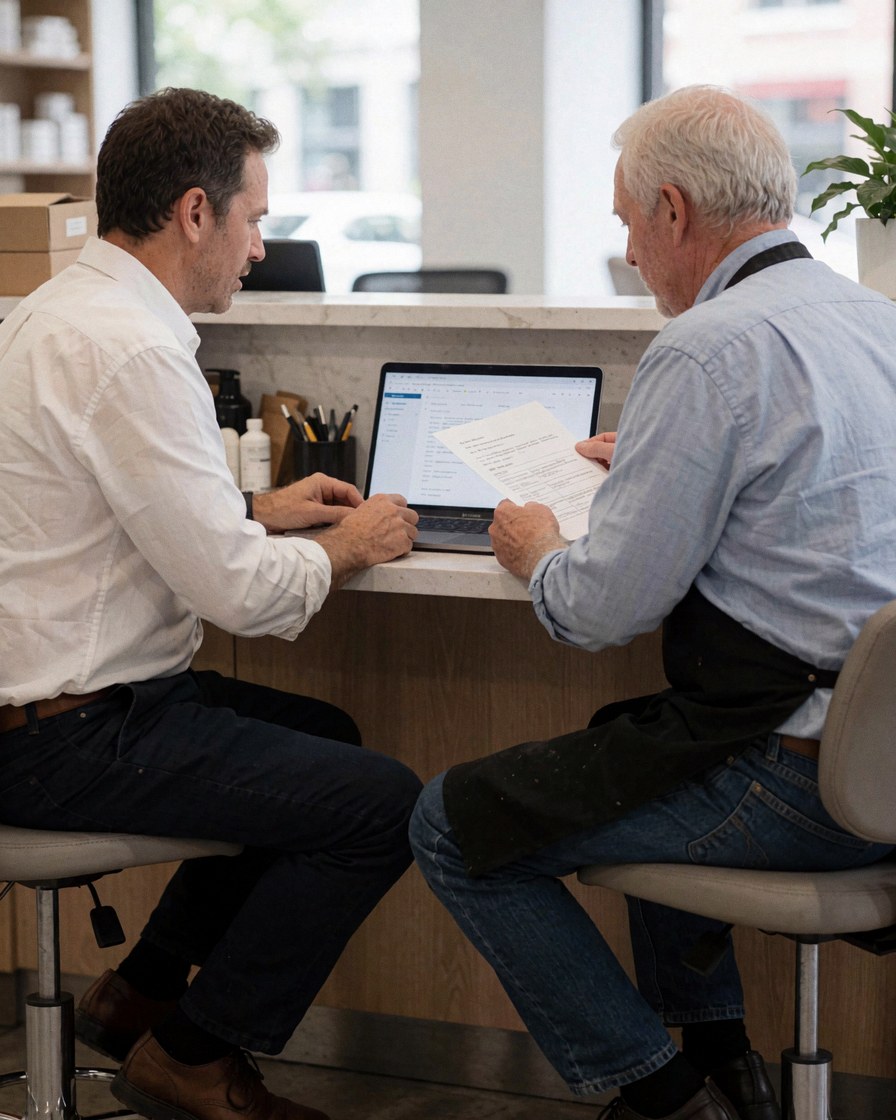Two men standing at a marble reception desk reviewing documents on a laptop with plants nearby in a clean professional office setting