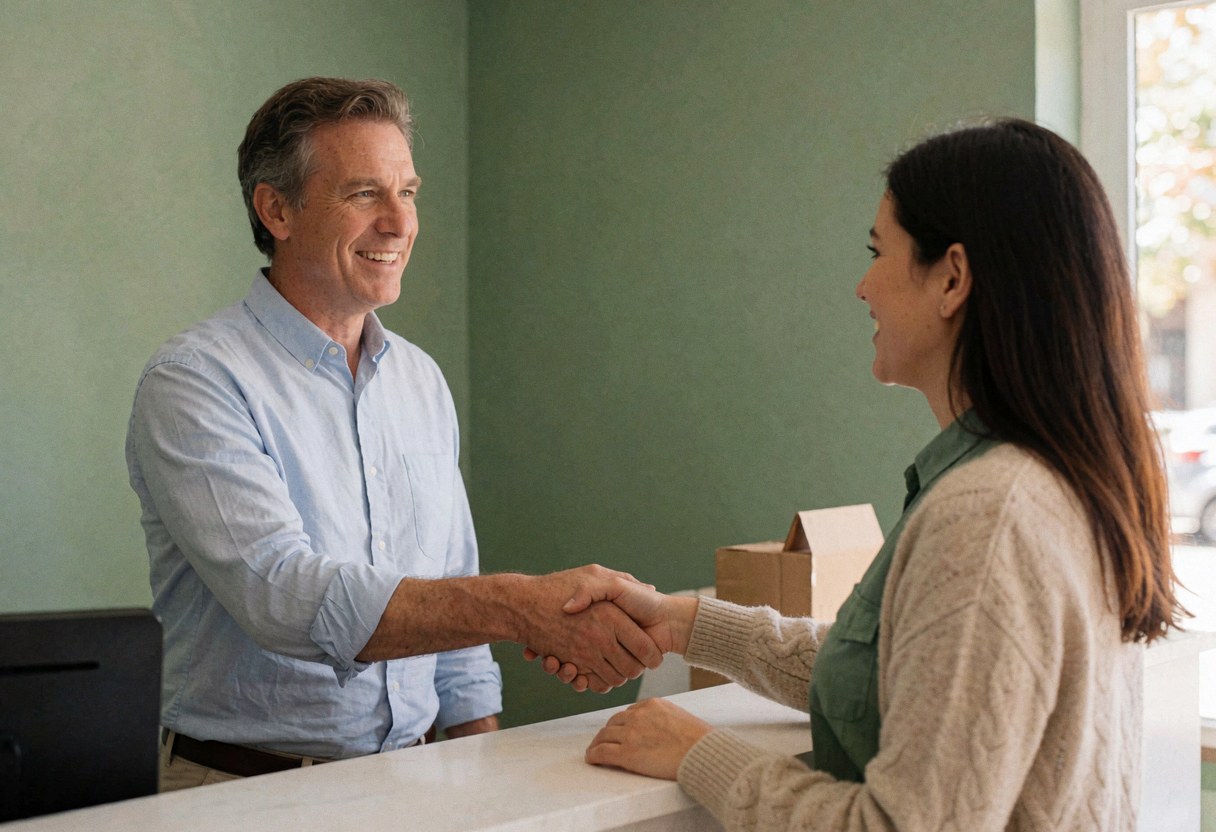 A man and woman shake hands with genuine smiles at a reception area featuring a green wall and ample copy space for text.
