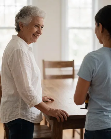 A senior woman smiles while another woman uses a drill on a new wooden table in a bright room with large windows.