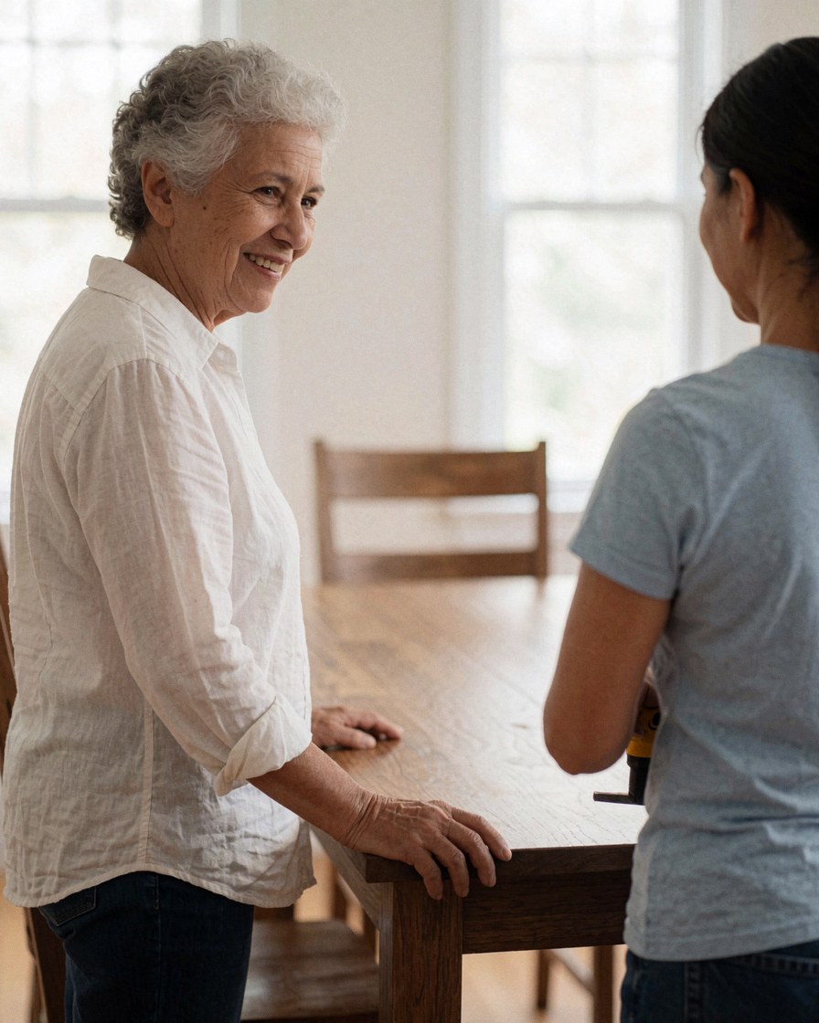 A senior woman smiles while another woman uses a drill on a new wooden table in a bright room with large windows.