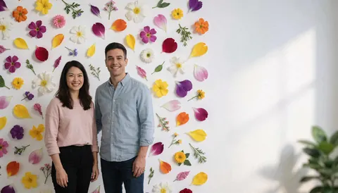 White wall decorated with colorful flower petals, empty space on the right, ideal for commercial text backgrounds