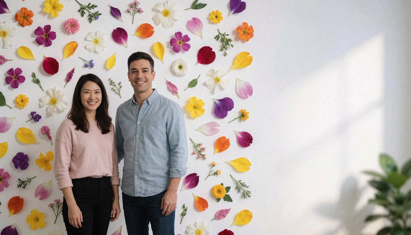 White wall decorated with colorful flower petals, empty space on the right, ideal for commercial text backgrounds