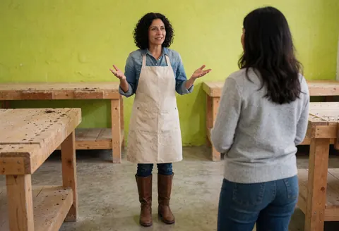 A woman wearing an apron and boots explains a project to a client in a wood workshop with green walls and work tables.
