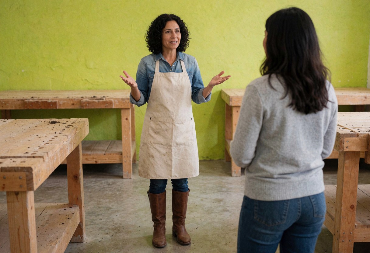 A woman wearing an apron and boots explains a project to a client in a wood workshop with green walls and work tables.