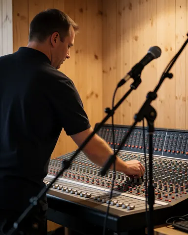 Sound technician adjusting gain on a mixing console with microphones and wooden walls in an event room