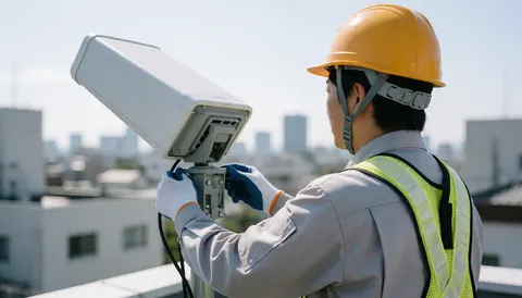 Technician adjusting a white directional antenna on a rooftop with a city background