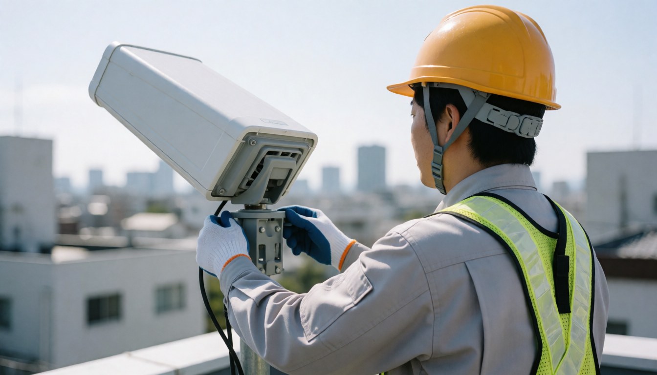 Technician adjusting a white directional antenna on a rooftop with a city background