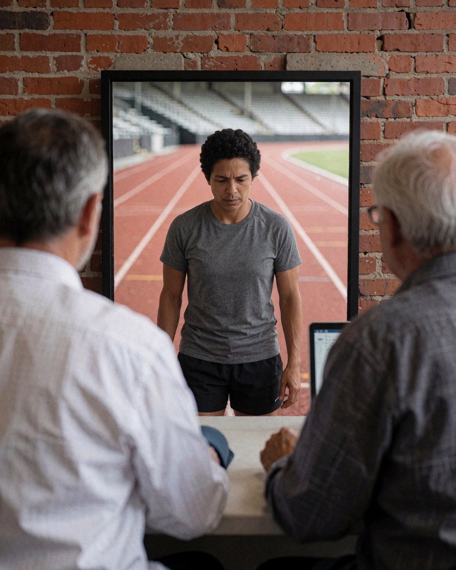 A track coach and client watch an athlete reflected in a mirror during a private gym training session with brick walls.
