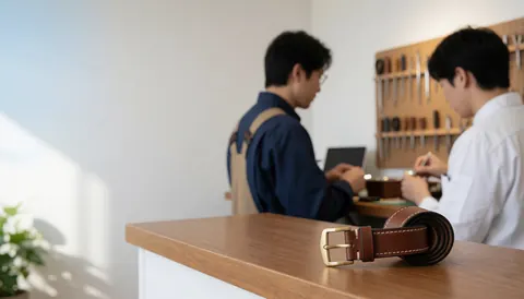 Brown leather belt with brass buckle resting on a wooden workbench in a watch repair shop with tools in the background.