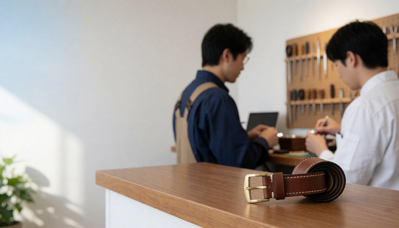 Brown leather belt with brass buckle resting on a wooden workbench in a watch repair shop with tools in the background.