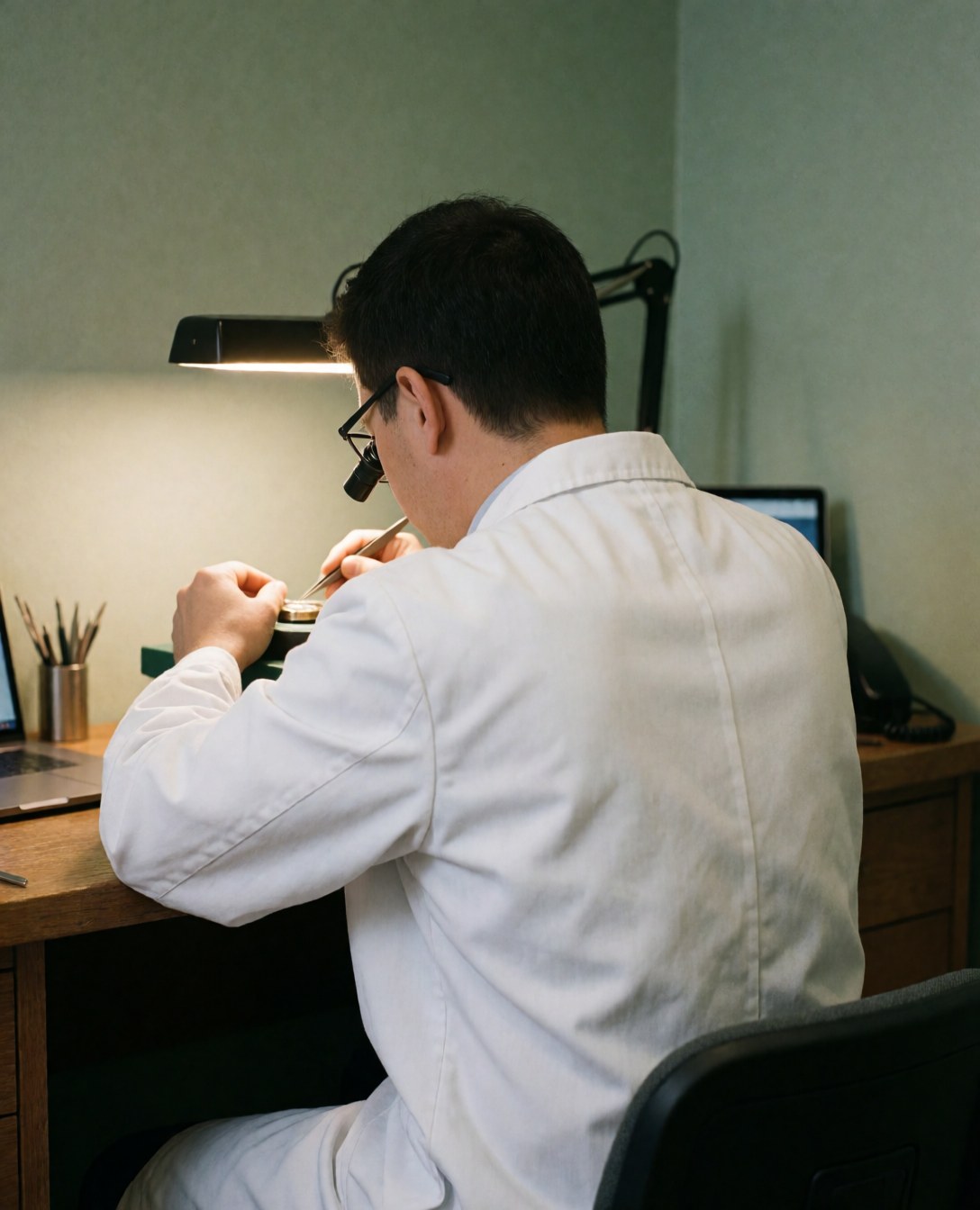 Watchmaker in white coat using tweezers and loupe to repair a watch in a workshop with green walls and warm lighting