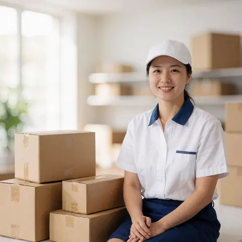 A smiling logistics worker in a blue and white uniform sits next to cardboard boxes in a modern warehouse.