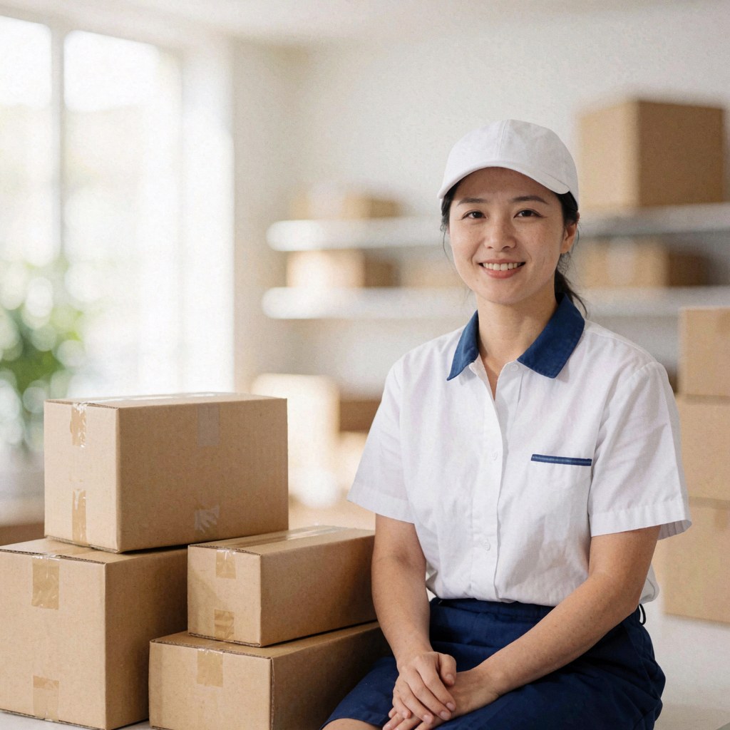A smiling logistics worker in a blue and white uniform sits next to cardboard boxes in a modern warehouse.