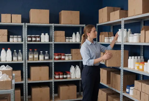 A woman arranges items on metal shelving units inside a warehouse with blue walls, showing a business interior.