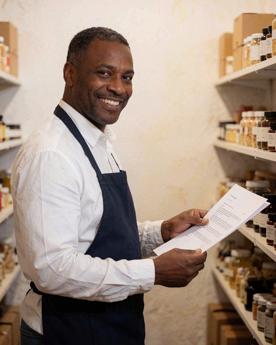 A smiling man wearing an apron holds a document in a shop with product shelves and warm walls.