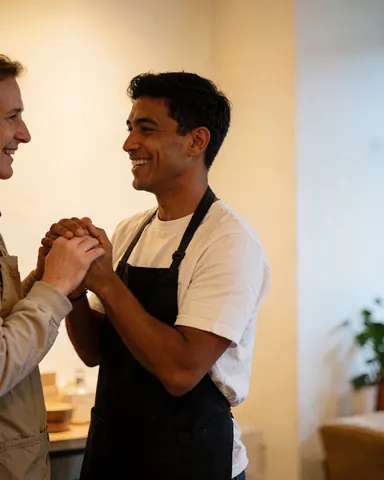 A customer and employee smiling together in a workshop with warm walls, showing a positive business relationship.