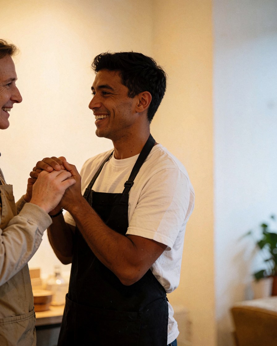 A customer and employee smiling together in a workshop with warm walls, showing a positive business relationship.