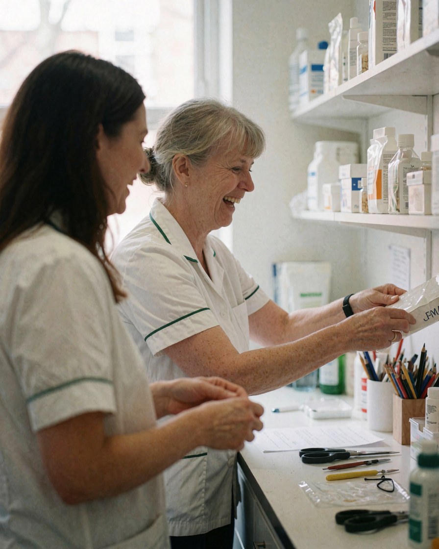 Two smiling therapists organize products on a shelf in a naturally lit clinic interior.