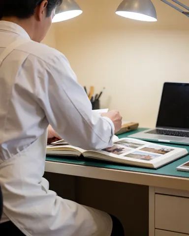 Wedding photographer assembling a photo album at a desk with beige walls