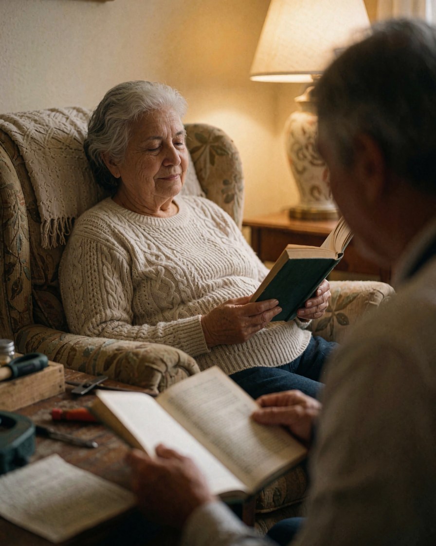 An older woman reads a book in a comfortable armchair with a lit table lamp in a warm and cozy indoor setting.