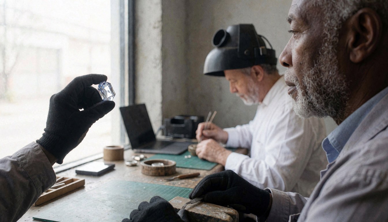 Watchmaker wearing gloves holds glass on workbench while another works in background with tools in concrete workshop