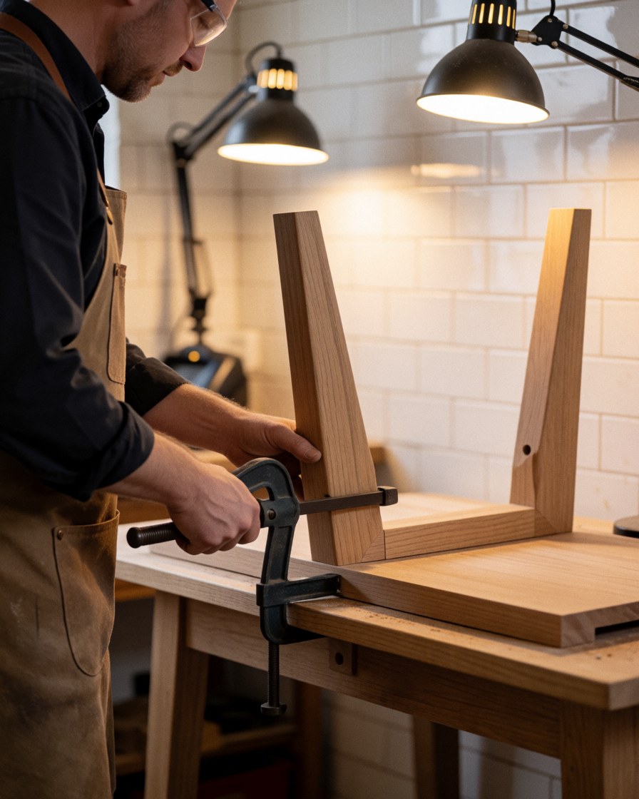 Carpenter using a clamp to join wooden table legs in a workshop with warm lighting and white tiled walls