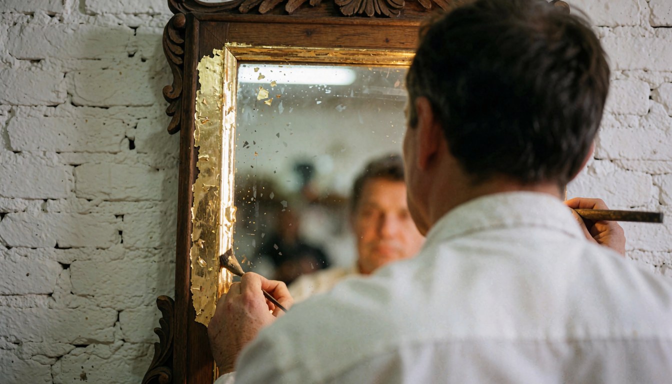 Restorer applying gold leaf to a mirror frame in a workshop with a white brick wall and visible reflection