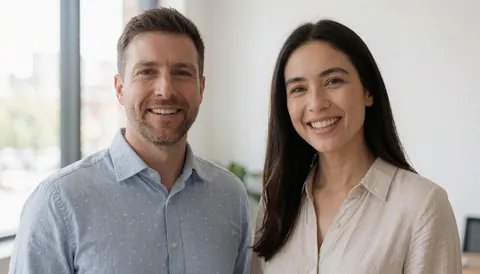Two smiling people in a modern office with natural light, wearing long-sleeve shirts and looking at the camera.
